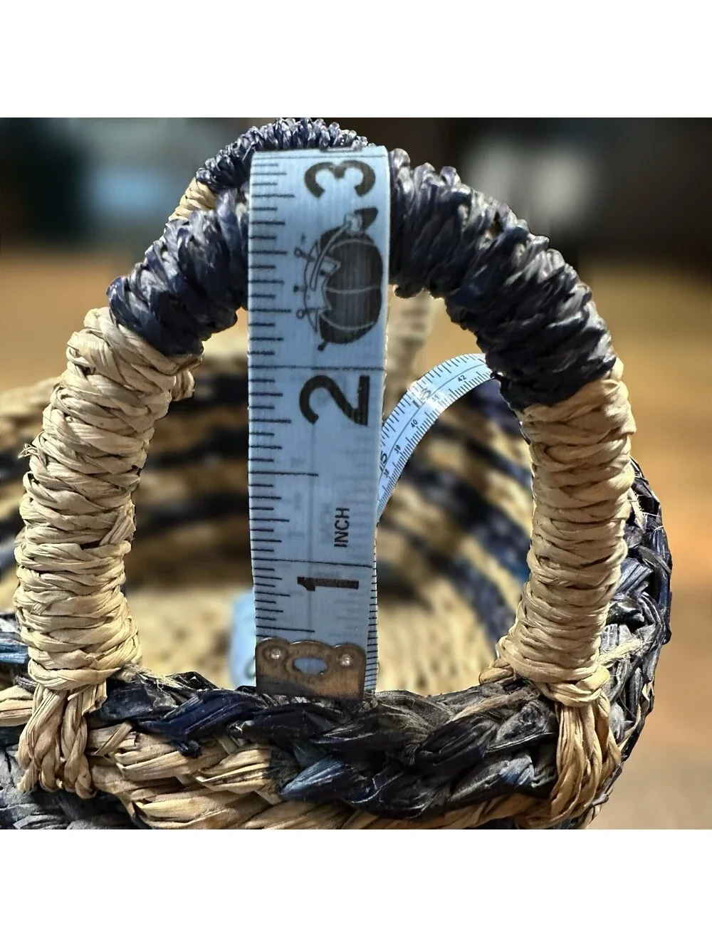 Vintage Handwoven Straw Basket with Blue Accents